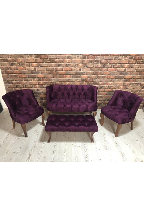 Mürdüm Mor Çay Seti Berjer Koltuk Takımı 2+1+1 Koltuk Ve Bench Bank