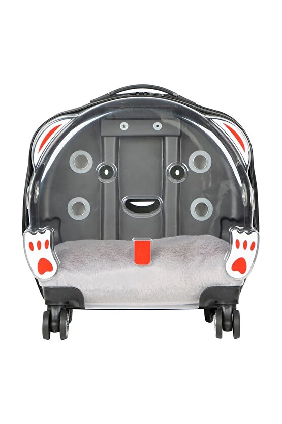 Şeffaf Tekerlekli Kedi Köpek Taşıma Valizi Çekçekli Büyük Model Açık Gri