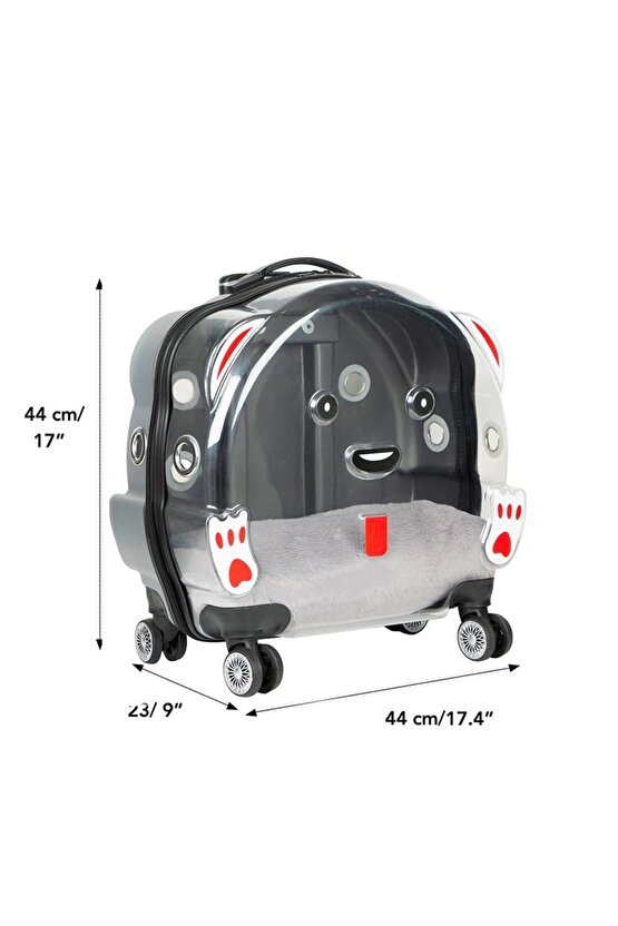 Şeffaf Tekerlekli Kedi Köpek Taşıma Valizi Çekçekli Büyük Model Açık Gri