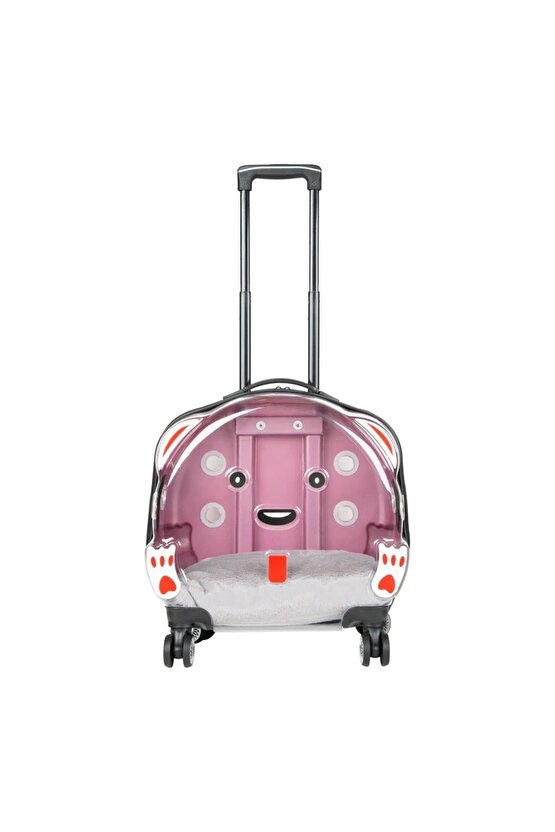 Şeffaf Tekerlekli Kedi Köpek Taşıma Valizi Çekçekli Büyük Model Pembe