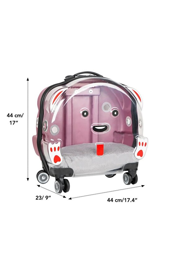 Şeffaf Tekerlekli Kedi Köpek Taşıma Valizi Çekçekli Büyük Model Pembe