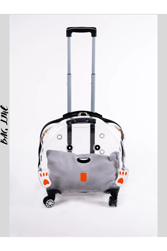 Şeffaf Tekerlekli Kedi Köpek Taşıma Valizi Çekçekli Büyük Model Siyah Kırmızı Minderli