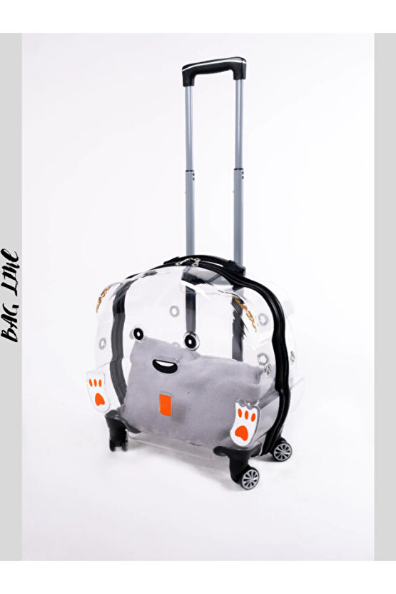 Şeffaf Tekerlekli Kedi Köpek Taşıma Valizi Çekçekli Büyük Model Siyah Kırmızı Minderli