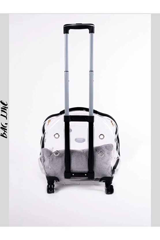 Şeffaf Tekerlekli Kedi Köpek Taşıma Valizi Çekçekli Büyük Model Siyah Kırmızı Minderli