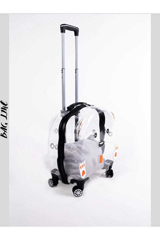 Şeffaf Tekerlekli Kedi Köpek Taşıma Valizi Çekçekli Büyük Model Siyah Kırmızı Minderli