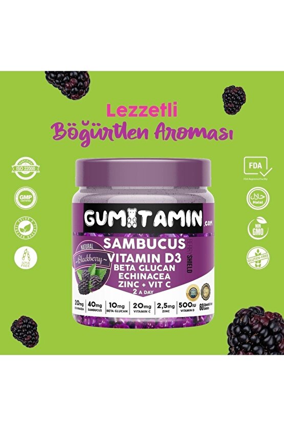 Sambucus Multivitamin Karamürver, Vitamin C+d3, Çinko, Beta Glukan Doğal Böğürtlen Aromalı