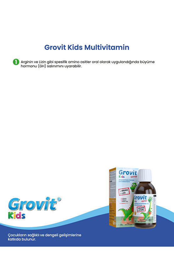 Grovit Kids Arjinin, Lizin, Multivitamin ve Multimineral İçeren Sıvı Takviye Edici Gıda 150ml