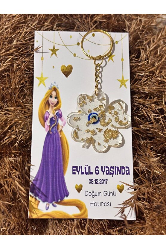 Epoksi Anahtarlık 10 Adet Doğum Günü Özel Tasarım Kart Rapunzel Prensesli Konseptli