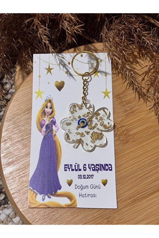 Epoksi Anahtarlık 10 Adet Doğum Günü Özel Tasarım Kart Rapunzel Prensesli Konseptli
