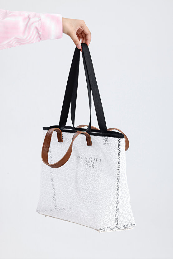 Kadın Beyaz Dantel Desenli Büyük Boy Plaj Ve Alışveriş Shopper Tote Omuz Çantası
