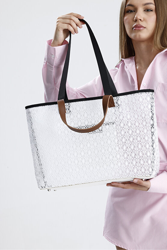 Kadın Beyaz Dantel Desenli Büyük Boy Plaj Ve Alışveriş Shopper Tote Omuz Çantası