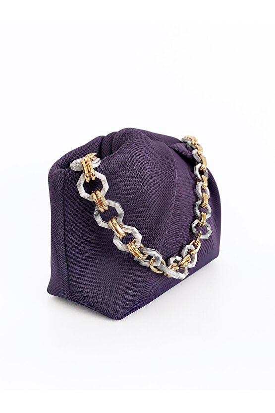 Kadın Pile Detaylı Mor Zincirli Omuz Çantası