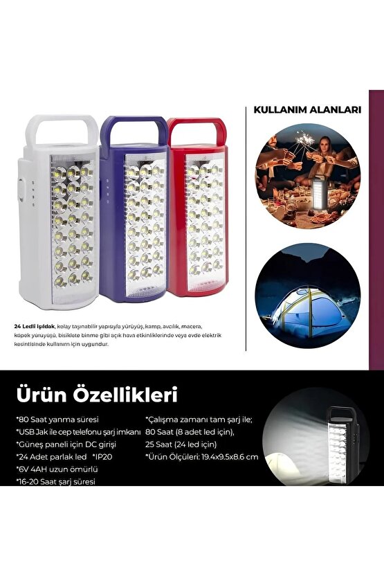 24 Led Ultra Güçlü Şarjlı Işıldak El Feneri Kamp Masa Piknik Çadır Lambası