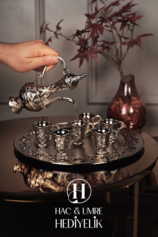 Gümüş Zemzem Takımı | 6 Kişilik Zemzem Sunum Seti | Zemzem Tepsisi, İbrik ve Fincan Seti