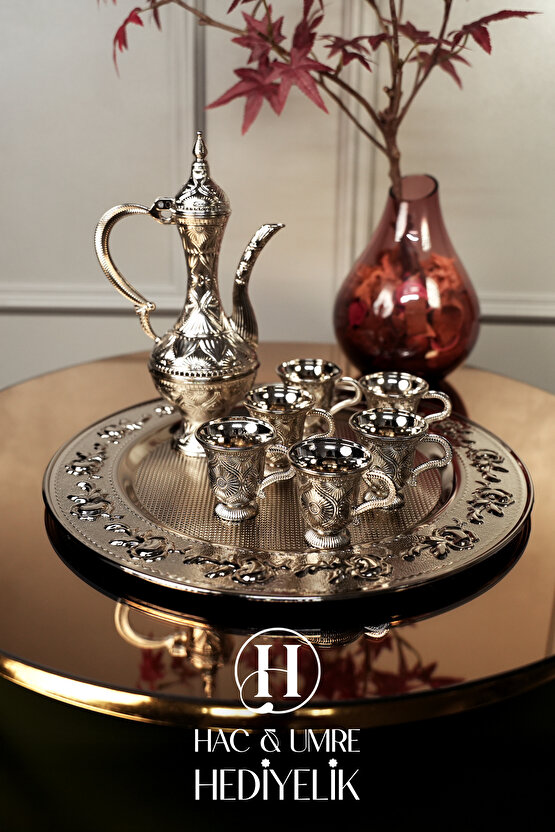 Gümüş Zemzem Takımı | 6 Kişilik Zemzem Sunum Seti | Zemzem Tepsisi, İbrik ve Fincan Seti