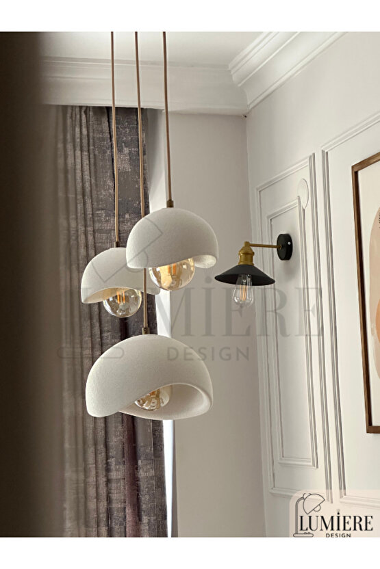 Beton Görünümlü İskandinav Bohem 3’lü Sarkıt Avize - Yemek Masası Salon Avize + Ampul Dahil