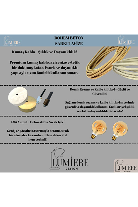 Beton Görünümlü İskandinav Bohem 3’lü Sarkıt Avize - Yemek Masası Salon Avize + Ampul Dahil