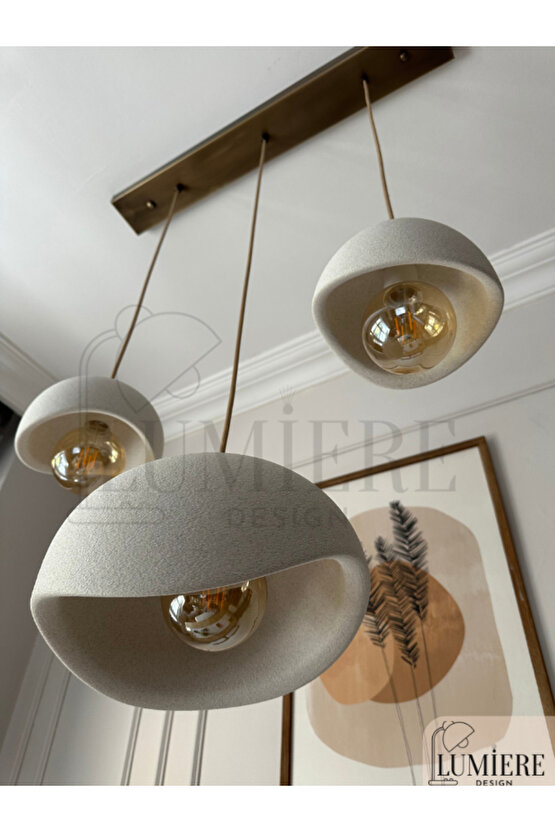 Beton Görünümlü İskandinav Bohem 3’lü Sarkıt Avize - Yemek Masası Salon Avize + Ampul Dahil