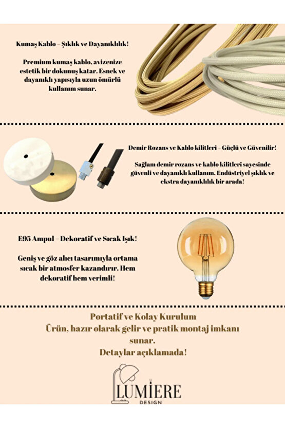 Beton İskandinav &Bohem Tarz 3’lü Sarkıt Avize -Profesyonel Tasarım,Gün Işığı Ampul İçerir