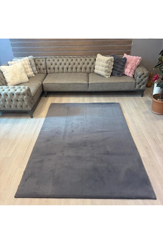 Premium Yumuşacık Tavşan Tüyü Serisi Tüy Dökmez Kaymaz Dokuma Taban Peluş Halı Antrasit