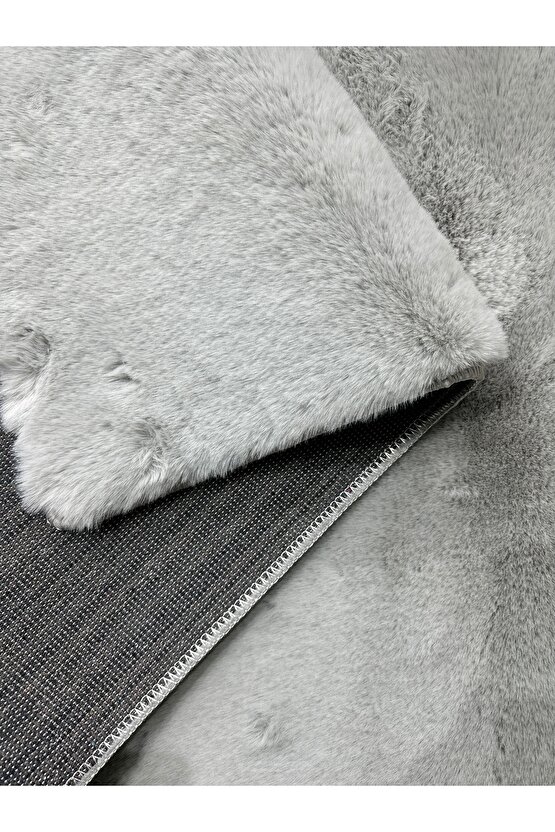 Premium Yumuşacık Tavşan Tüyü Serisi Tüy Dökmez Kaymaz Dokuma Taban Peluş Halı Gri