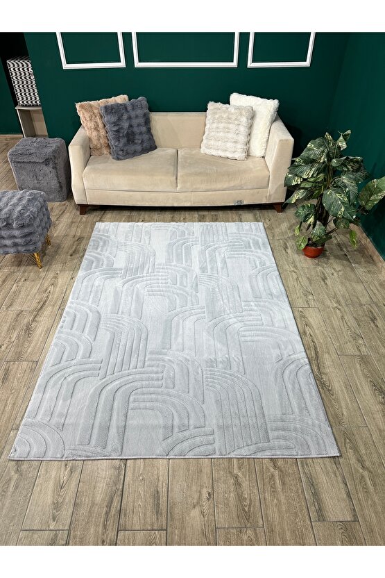 Modern Yumuşak Dokulu Tüy Dökmez Yıkanabilir Tavşan Tüyü Peluş Halı Gri