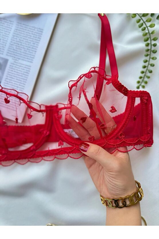 Kırmızı Kalp Desenli Balenli Tül Sütyen Takımı