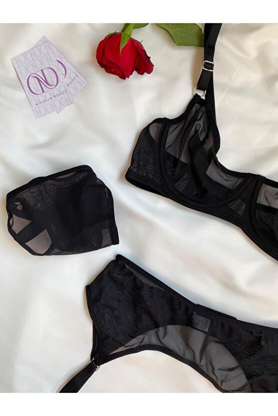 Tül Siyah Jartiyer Takımı 3lü Set