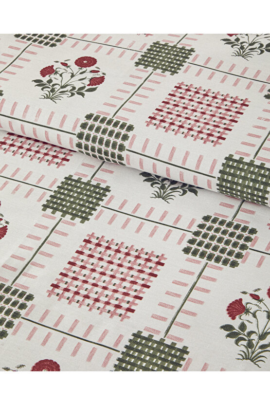 Floral Grid Pamuklu Tek Kişilik Nevresim Seti Gül Kurusu