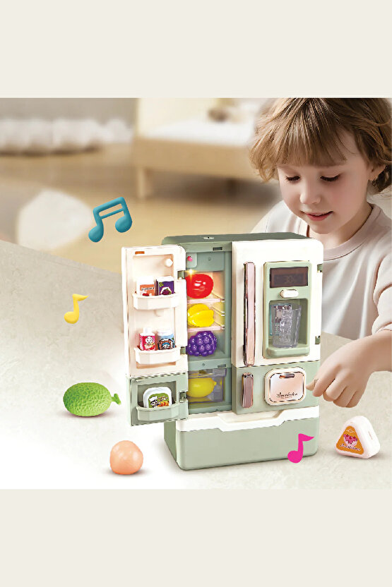 Oyuncak Işıklı ve Müzikli Buhar Çıkaran 28 Parça Aksesuarlı Buzdolabı Gerçekçi