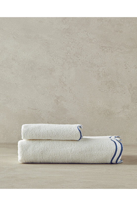 Retro Waves Pamuklu Nakışlı Yüz Havlusu Ekru - Mavi