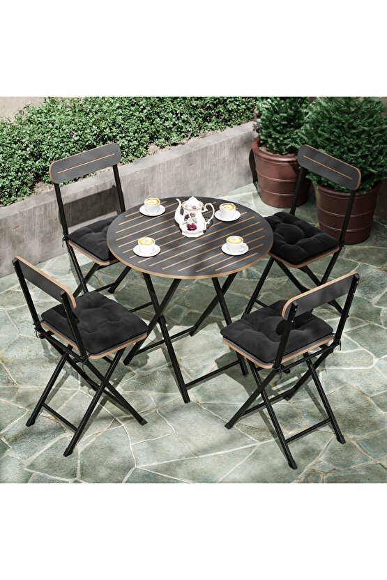 4 Kişilik Minderli Yuvarlak Bistro Takım Bahçe Mutfak Masa Sandalye