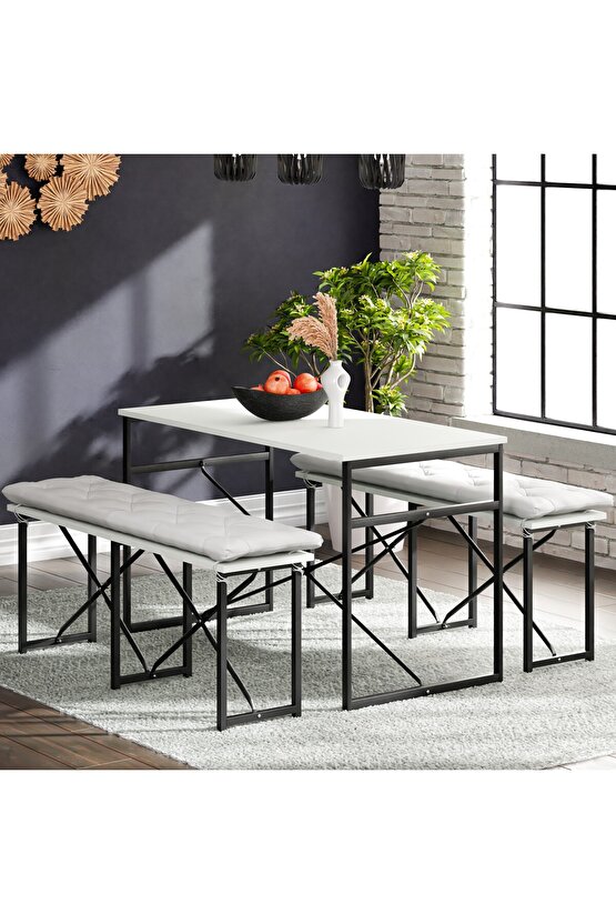 Masa Takımı Minderli Bench Bank Masa Seti 120x60 Masa Mutfak Masası Yemek Masası Beyaz 1555