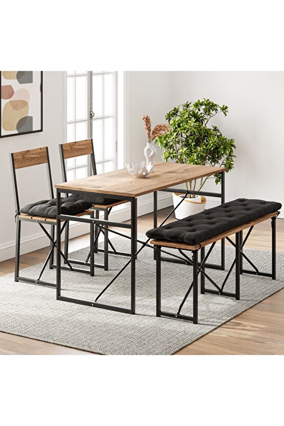 Mutfak Masası Minderli Bank 120x60 Masa Set 2 Adet Sandalye Yemek Masası Çam 1549