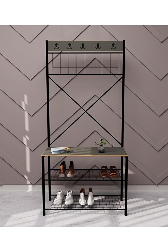 Geniş Metal Portmanto, Elbise Askılığı, Vestiyer, Ayakkabılık Füme 1348