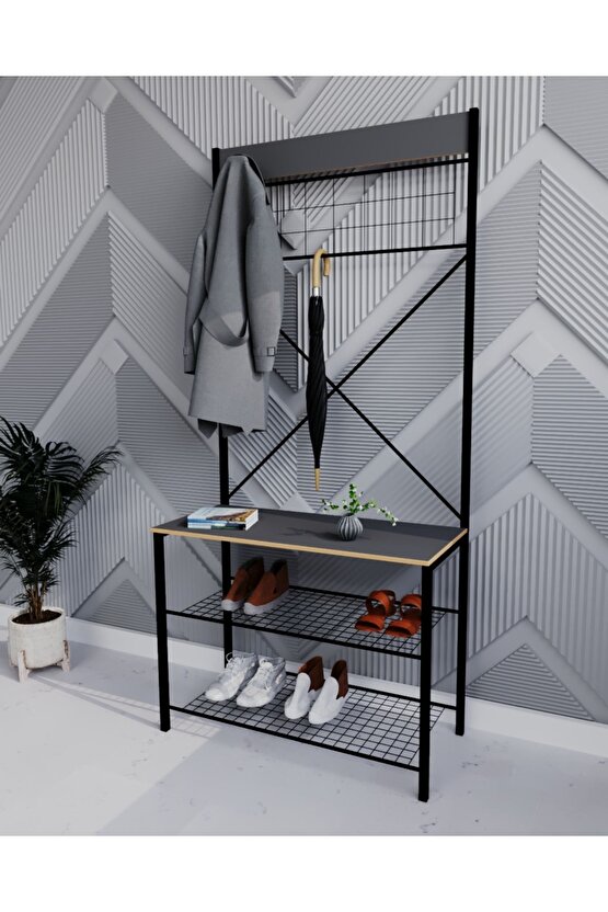 Geniş Metal Portmanto, Elbise Askılığı, Vestiyer, Ayakkabılık Füme 1348