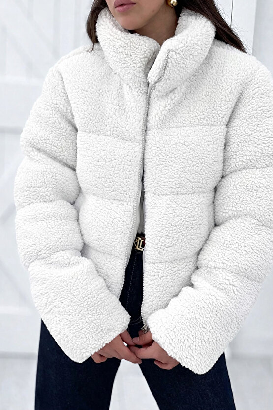 Kadın Beyaz Peluş Teddy Mont – Fermuarlı, Şişme, Kışlık Oversize Kürk Kaban