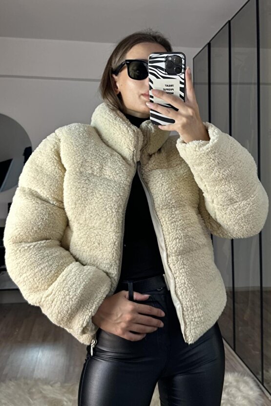 Kadın Oversize Peluş Kürk Mont Ekru - Teddy Şişme Sherpa Kaban