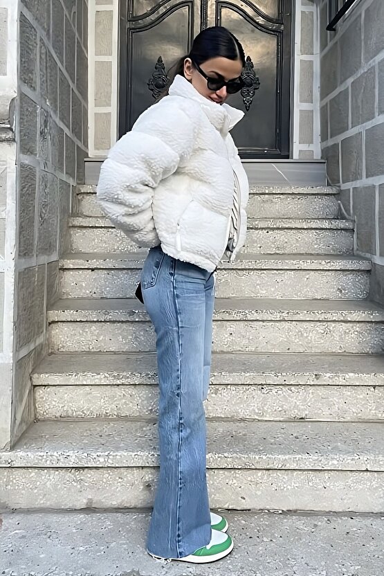 Kadın Oversize Beyaz Teddy Peluş Şişme Mont – Kışlık Sherpa Puffer Ceket