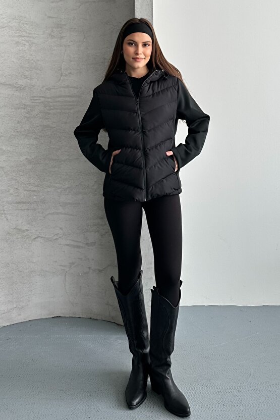 Kadın Siyah Kapüşonlu Termal Şişme Mont - ZR Range Rover Mom Kontrast Ceket