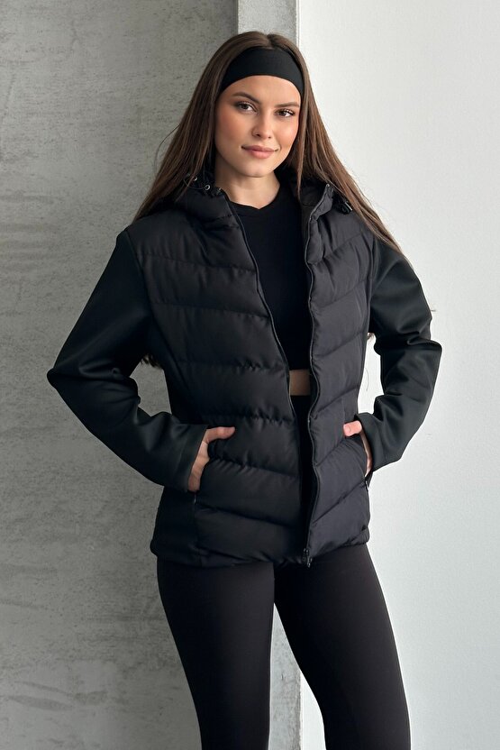 Kadın Siyah Kapüşonlu Termal Şişme Mont - ZR Range Rover Mom Kontrast Ceket