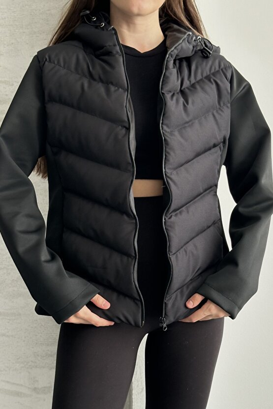 Kadın Siyah Kapüşonlu Termal Şişme Mont - ZR Range Rover Mom Kontrast Ceket