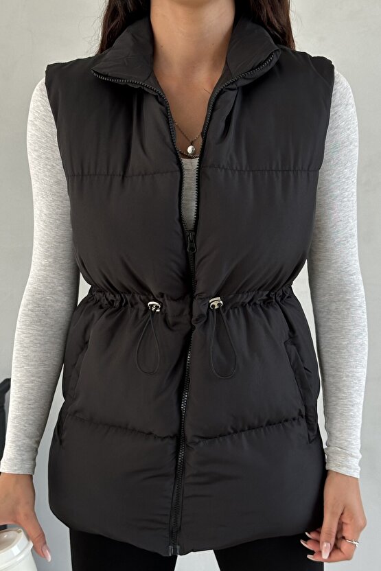 Kadın Siyah Şişme Yelek - Kapüşonsuz Uzun Fermuarlı Cepli Kışlık Spor Şişme Mont Yelek