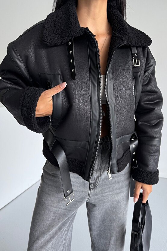 Kadın Kürk Astarlı Siyah Suni Deri Mont - Kışlık Oversize İçi Peluş Biker Ceket