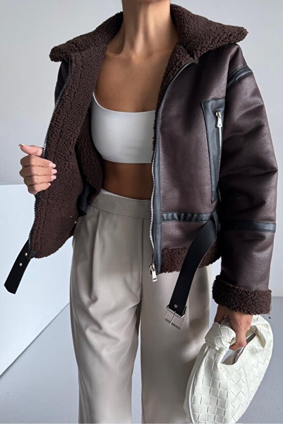 Kadın Kürk Astarlı Suni Deri Mont - Kahverengi Oversize Fermuarlı Kışlık Biker Ceket
