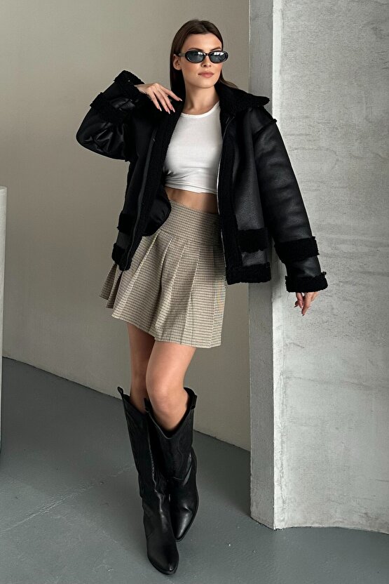 Kadın Kürklü Deri Mont - Oversize Suni Deri Kaban - Shearling İçi Peluş Ceket (Kahverengi  Siyah)