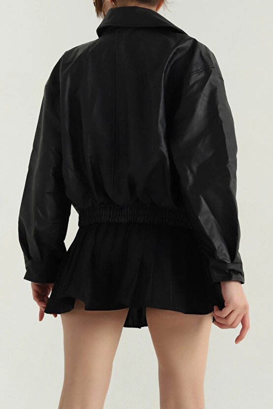 Kadın Deri Bomber Ceket - Yeni Sezon Oversize Crop Suni Deri Mont (Siyah  Kahverengi  Bordo)