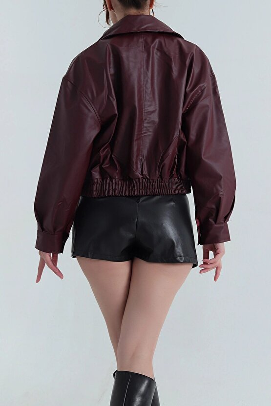 Kadın Deri Bomber Ceket - Yeni Sezon Oversize Crop Suni Deri Mont (Siyah  Kahverengi  Bordo)