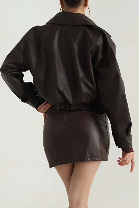 Kadın Deri Bomber Ceket - Yeni Sezon Oversize Crop Suni Deri Mont (Siyah  Kahverengi  Bordo)