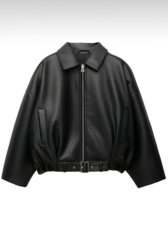 Kadın Oversize Bomber Suni Deri Ceket | Yeni Sezon Kemerli Biker Ceket